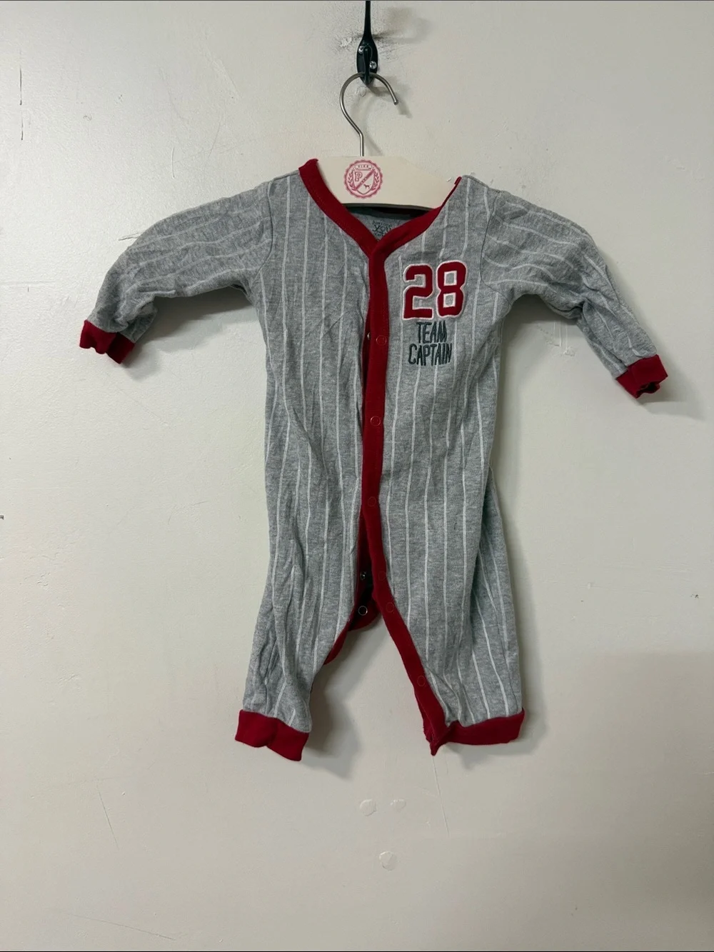 Carter's Gray Pinstripe Romper with Red Trim